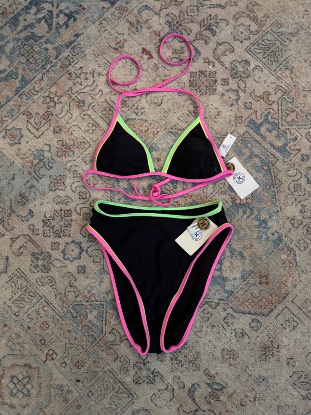 Hurley Black Bikini with Pink and Neon Green Trim